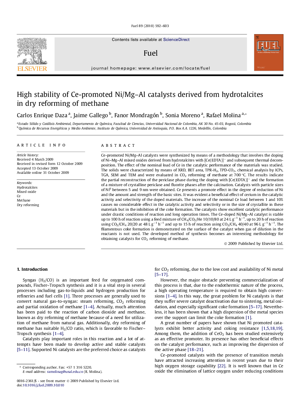 High stability of Ce-promoted Ni/Mg–Al catalysts derived from hydrotalcites in dry reforming of methane