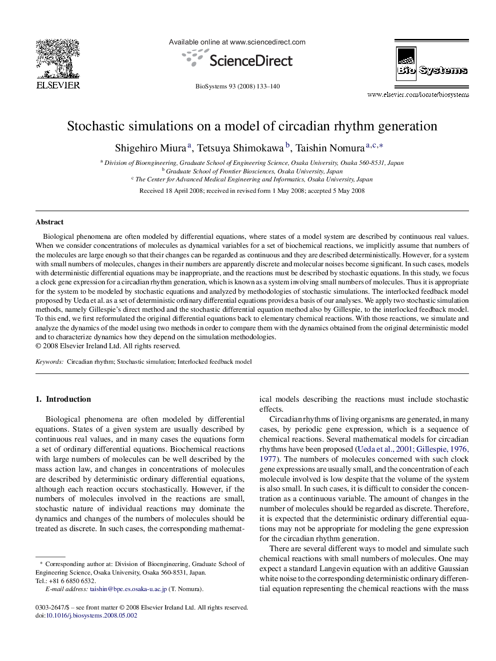 Stochastic simulations on a model of circadian rhythm generation