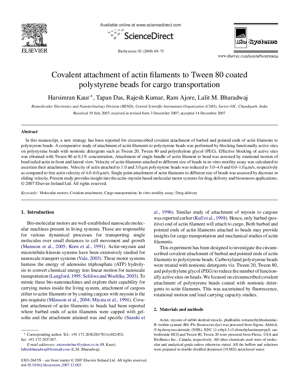 Covalent attachment of actin filaments to Tween 80 coated polystyrene beads for cargo transportation