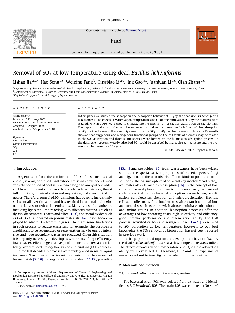 Removal of SO2 at low temperature using dead Bacillus licheniformis