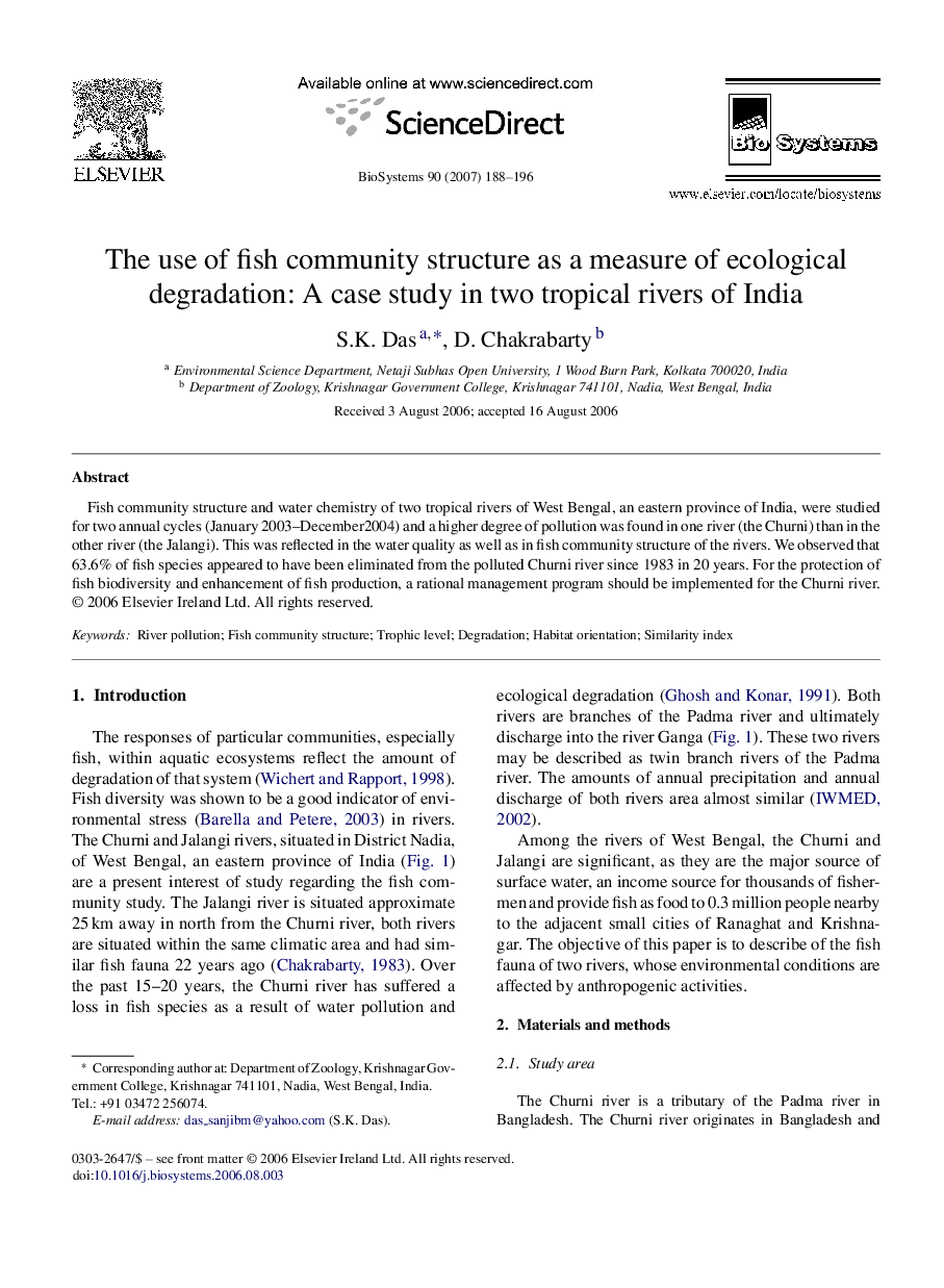 The use of fish community structure as a measure of ecological degradation: A case study in two tropical rivers of India