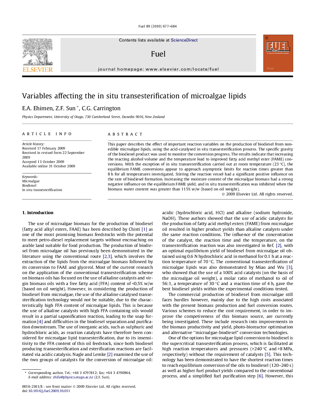 Variables affecting the in situ transesterification of microalgae lipids