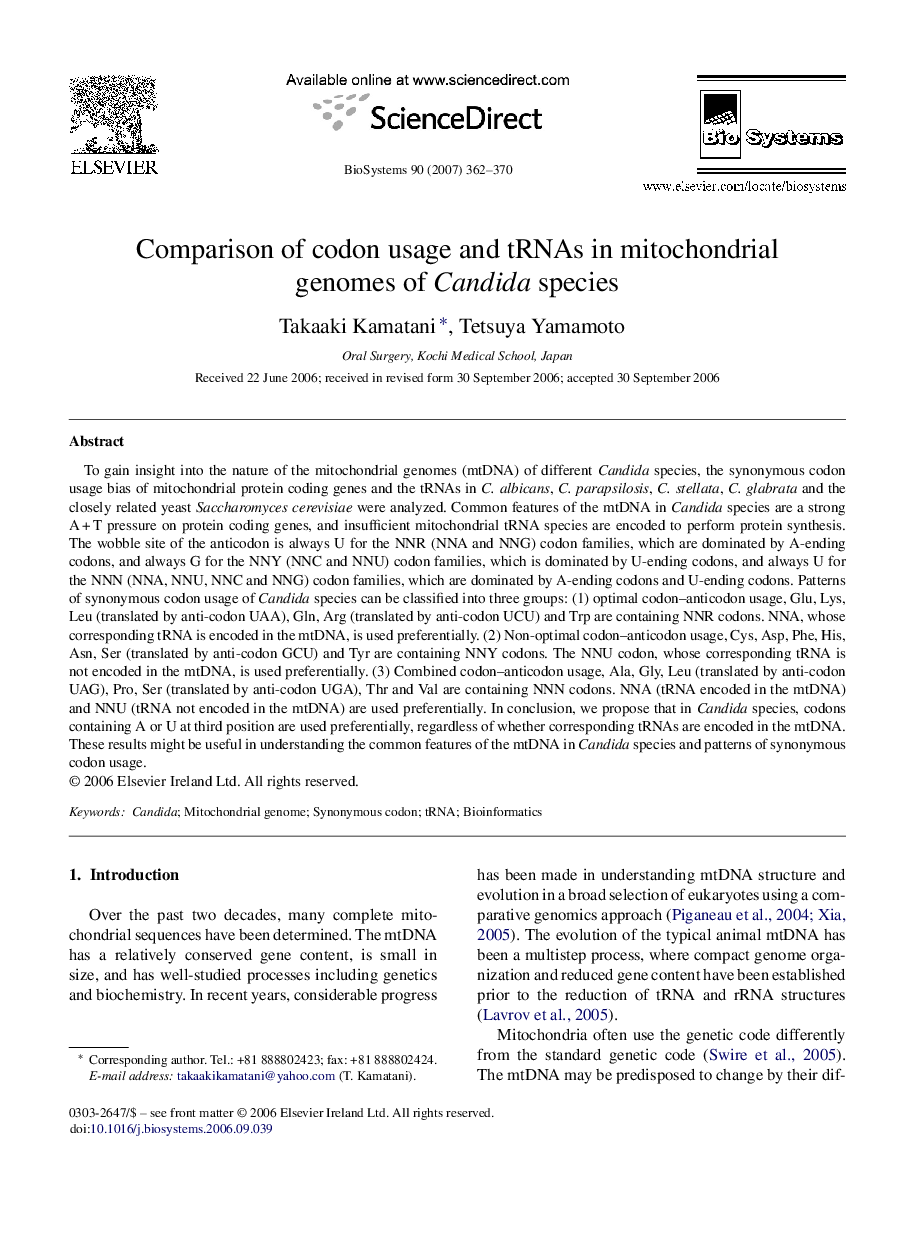 Comparison of codon usage and tRNAs in mitochondrial genomes of Candida species