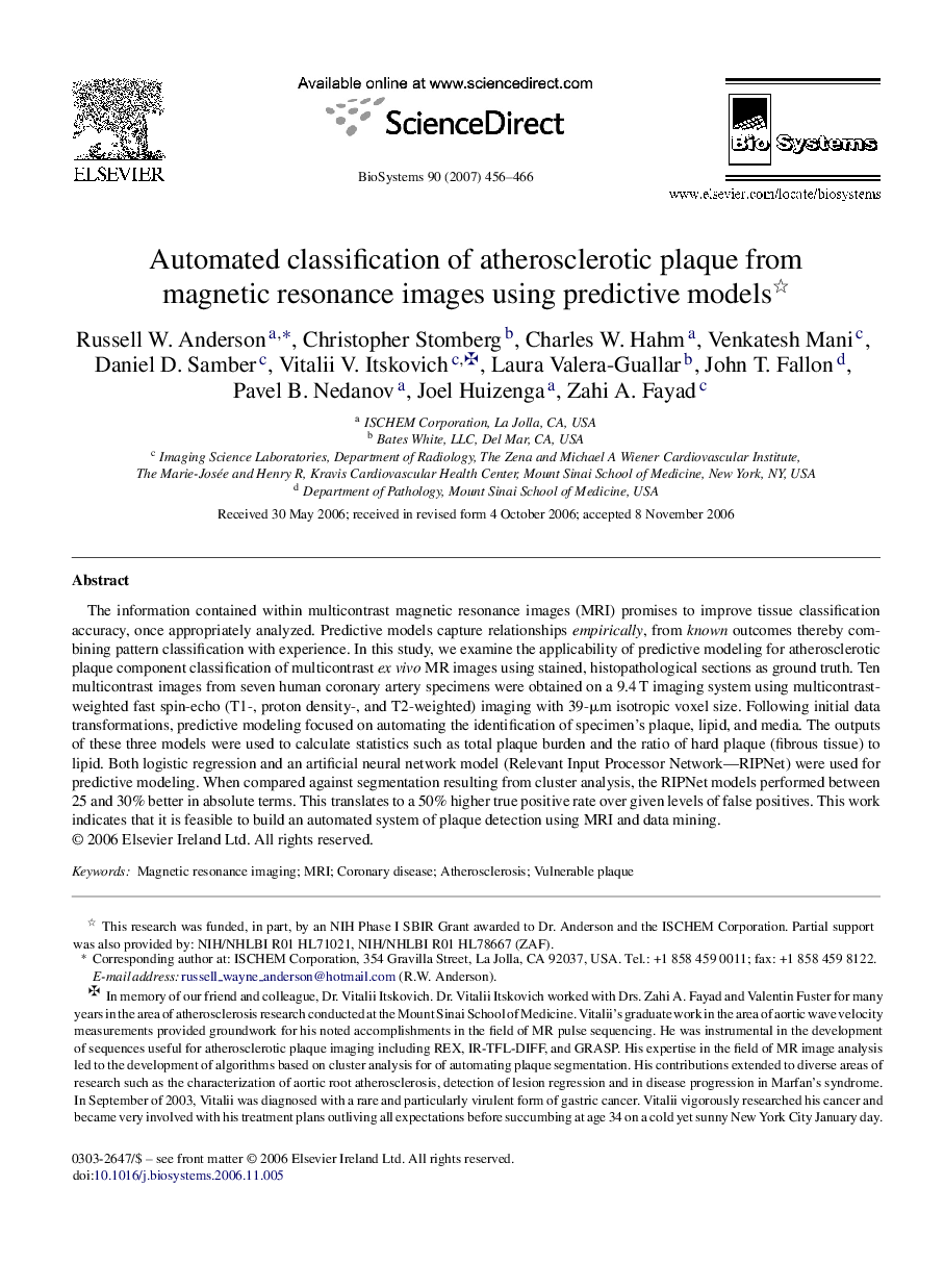 Automated classification of atherosclerotic plaque from magnetic resonance images using predictive models