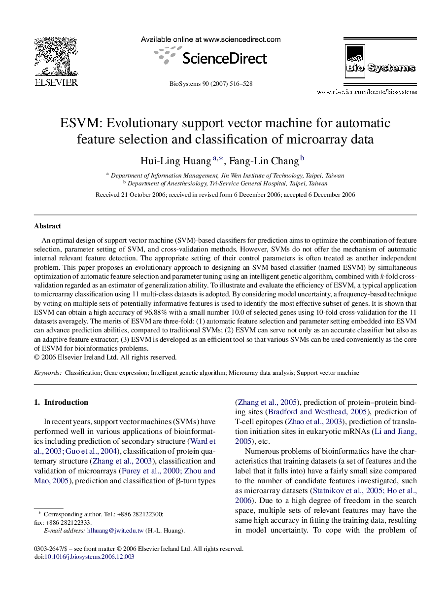 ESVM: Evolutionary support vector machine for automatic feature selection and classification of microarray data