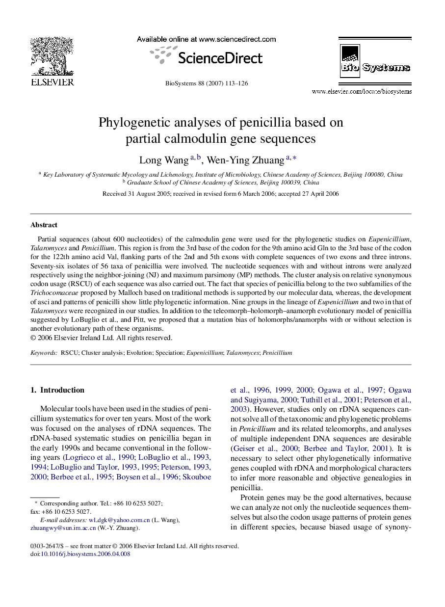 Phylogenetic analyses of penicillia based on partial calmodulin gene sequences