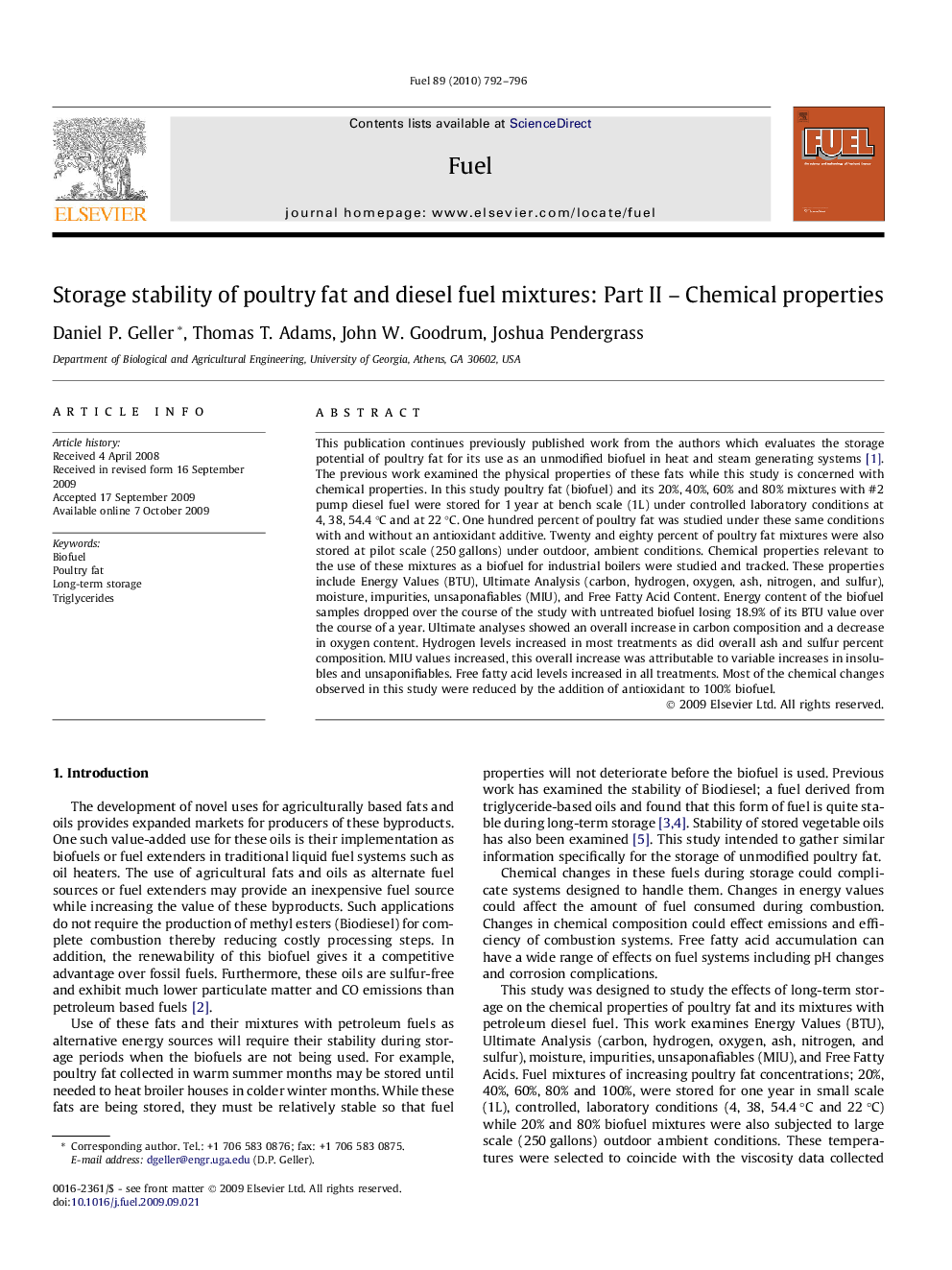 Storage stability of poultry fat and diesel fuel mixtures: Part II – Chemical properties