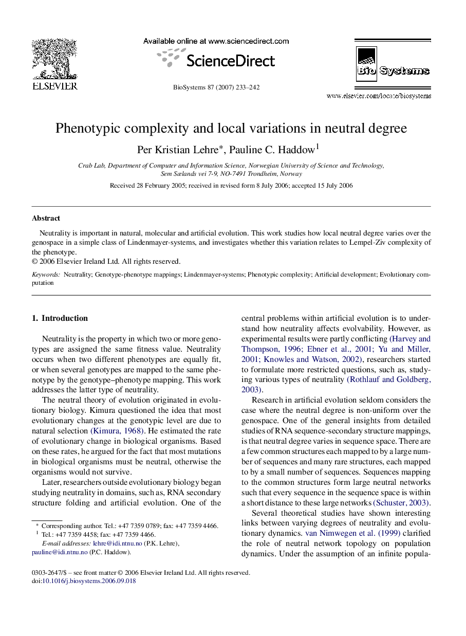 Phenotypic complexity and local variations in neutral degree