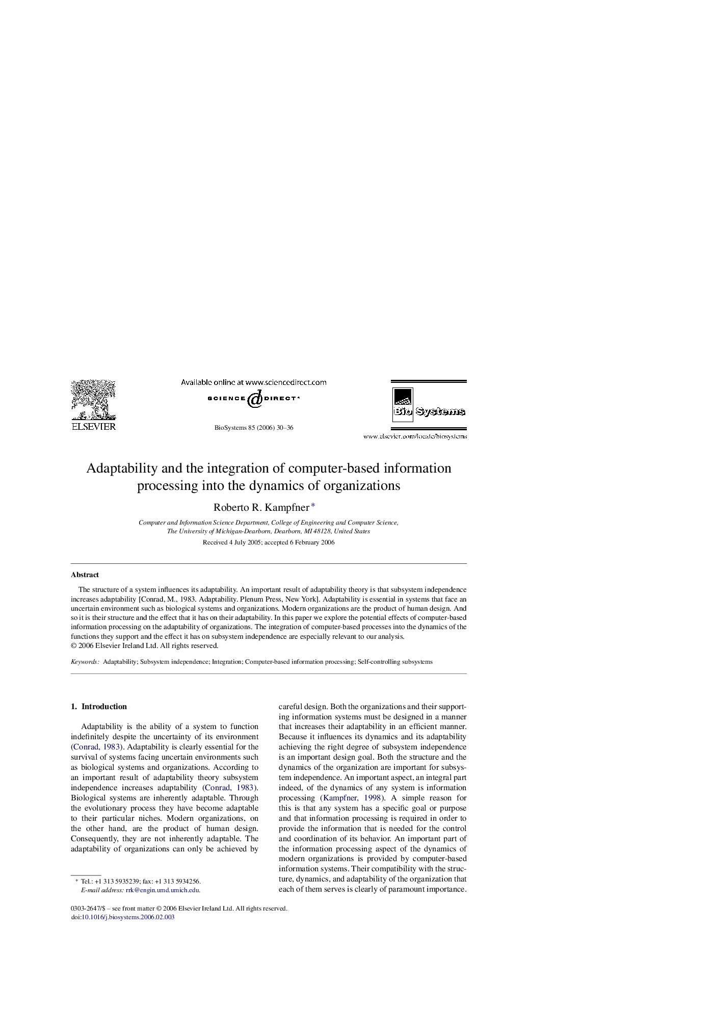 Adaptability and the integration of computer-based information processing into the dynamics of organizations