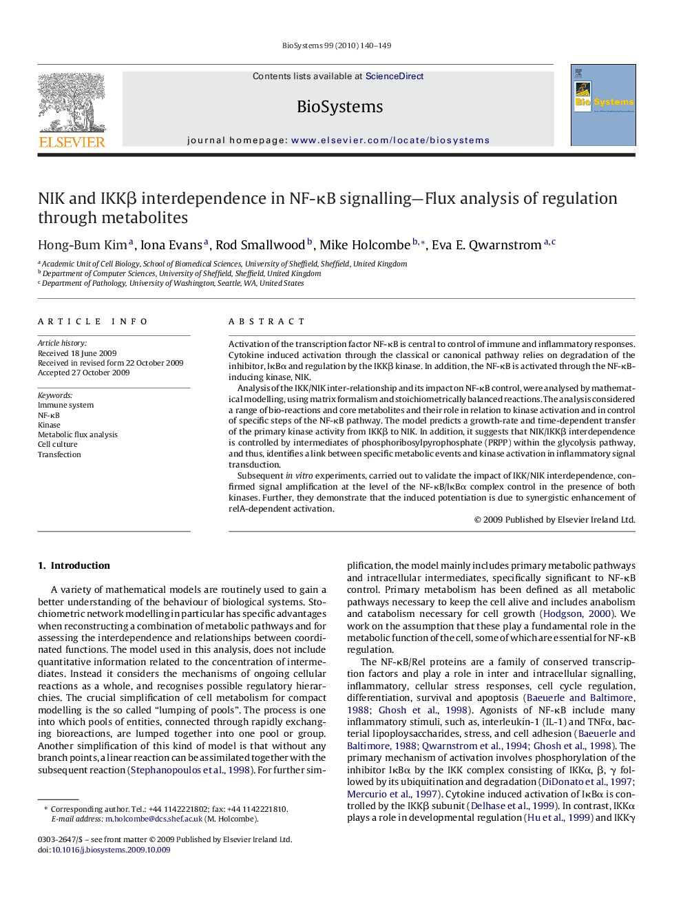 NIK and IKKβ interdependence in NF-κB signalling—Flux analysis of regulation through metabolites