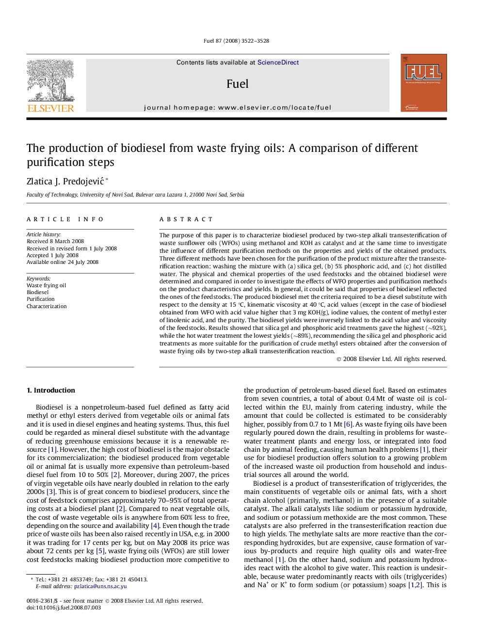 The production of biodiesel from waste frying oils: A comparison of different purification steps