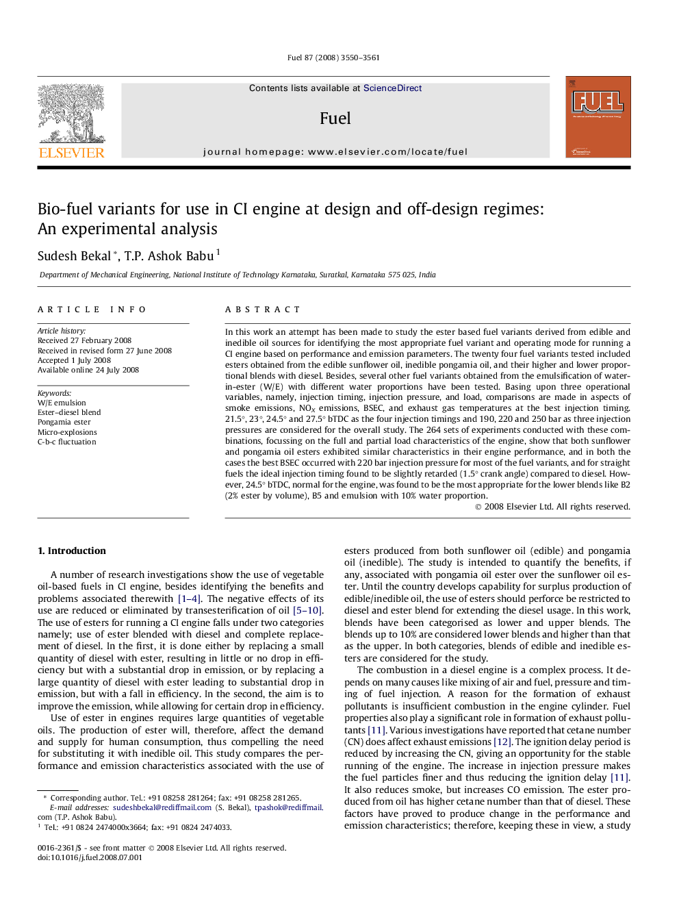 Bio-fuel variants for use in CI engine at design and off-design regimes: An experimental analysis