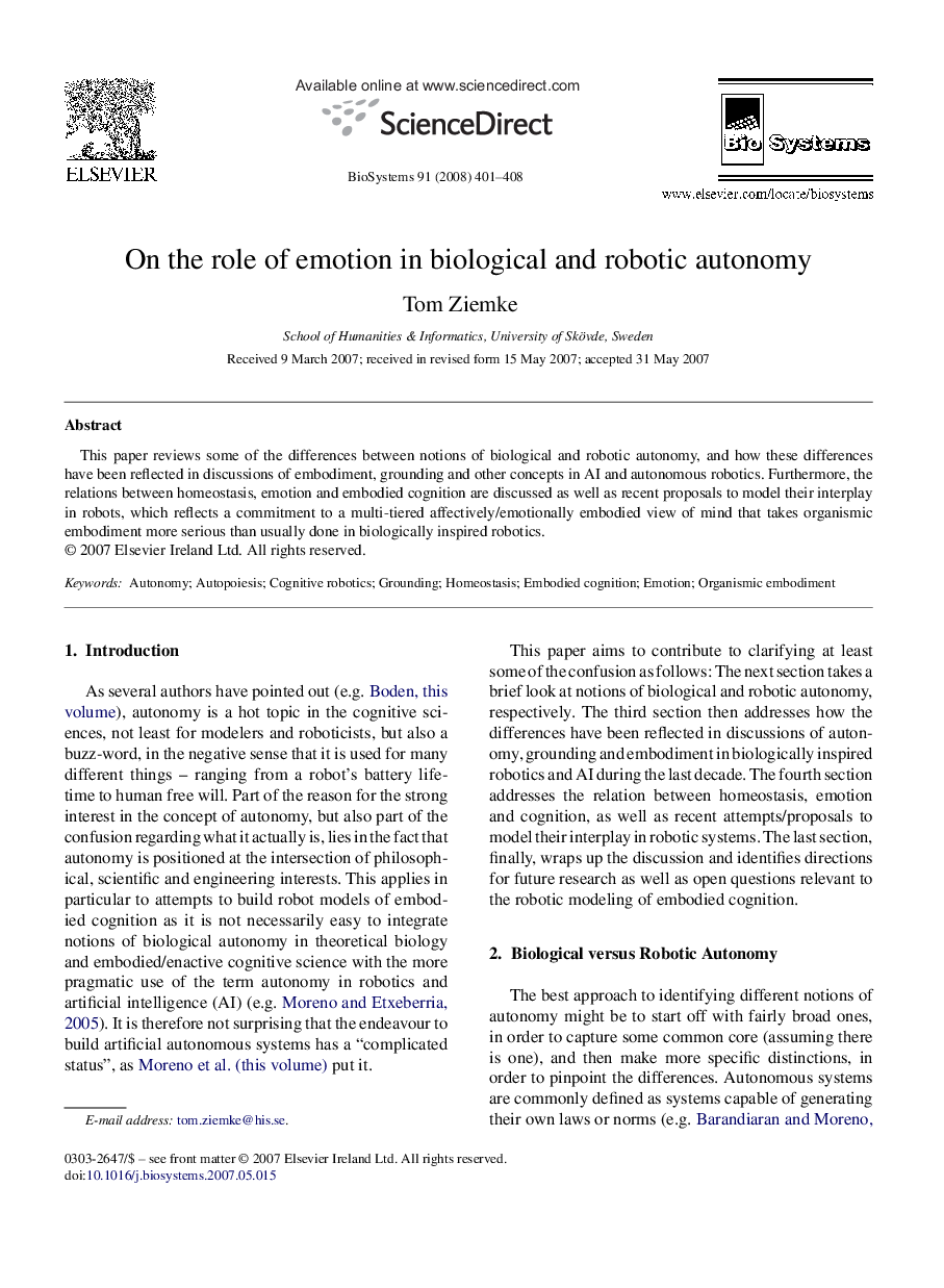 On the role of emotion in biological and robotic autonomy