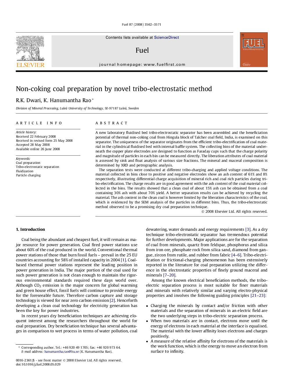 Non-coking coal preparation by novel tribo-electrostatic method