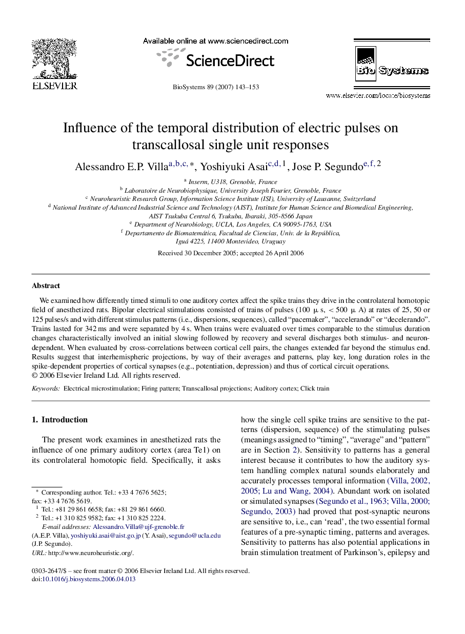 Influence of the temporal distribution of electric pulses on transcallosal single unit responses