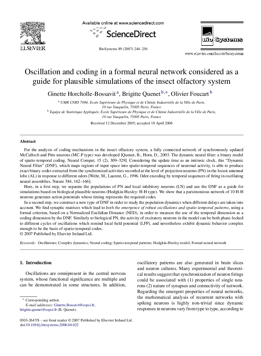 Oscillation and coding in a formal neural network considered as a guide for plausible simulations of the insect olfactory system