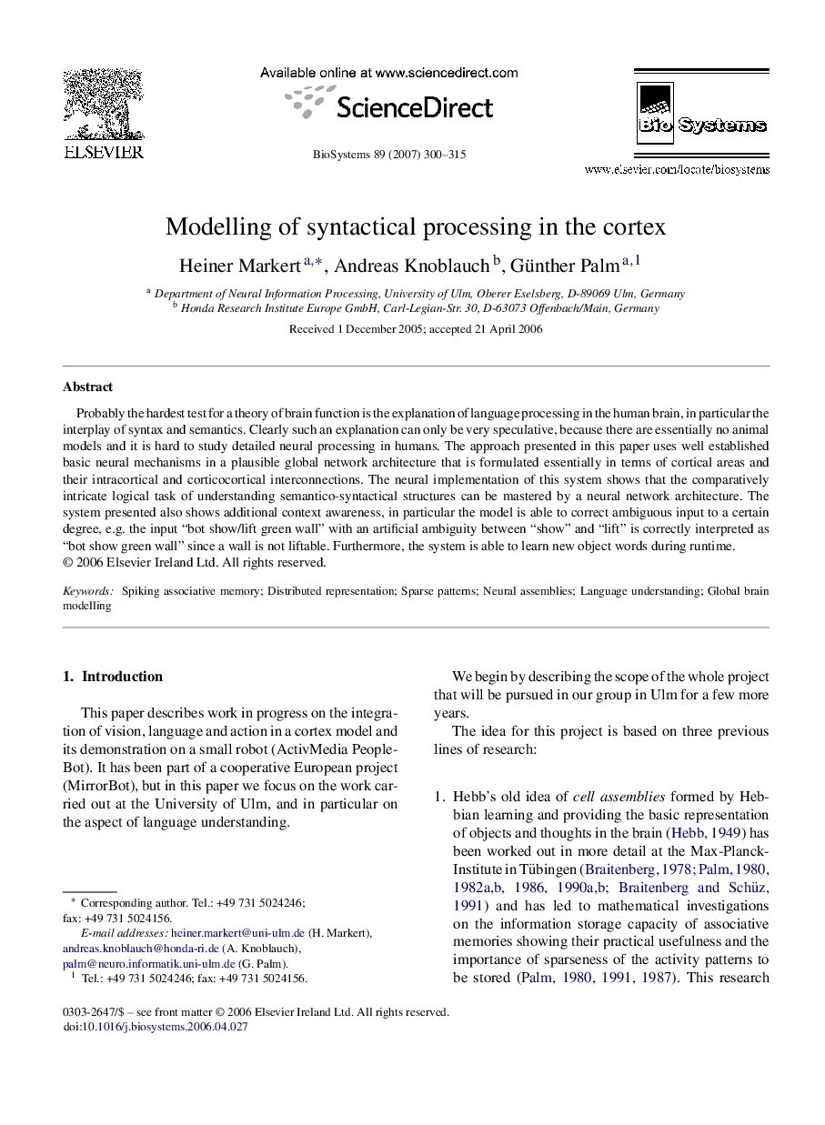 Modelling of syntactical processing in the cortex