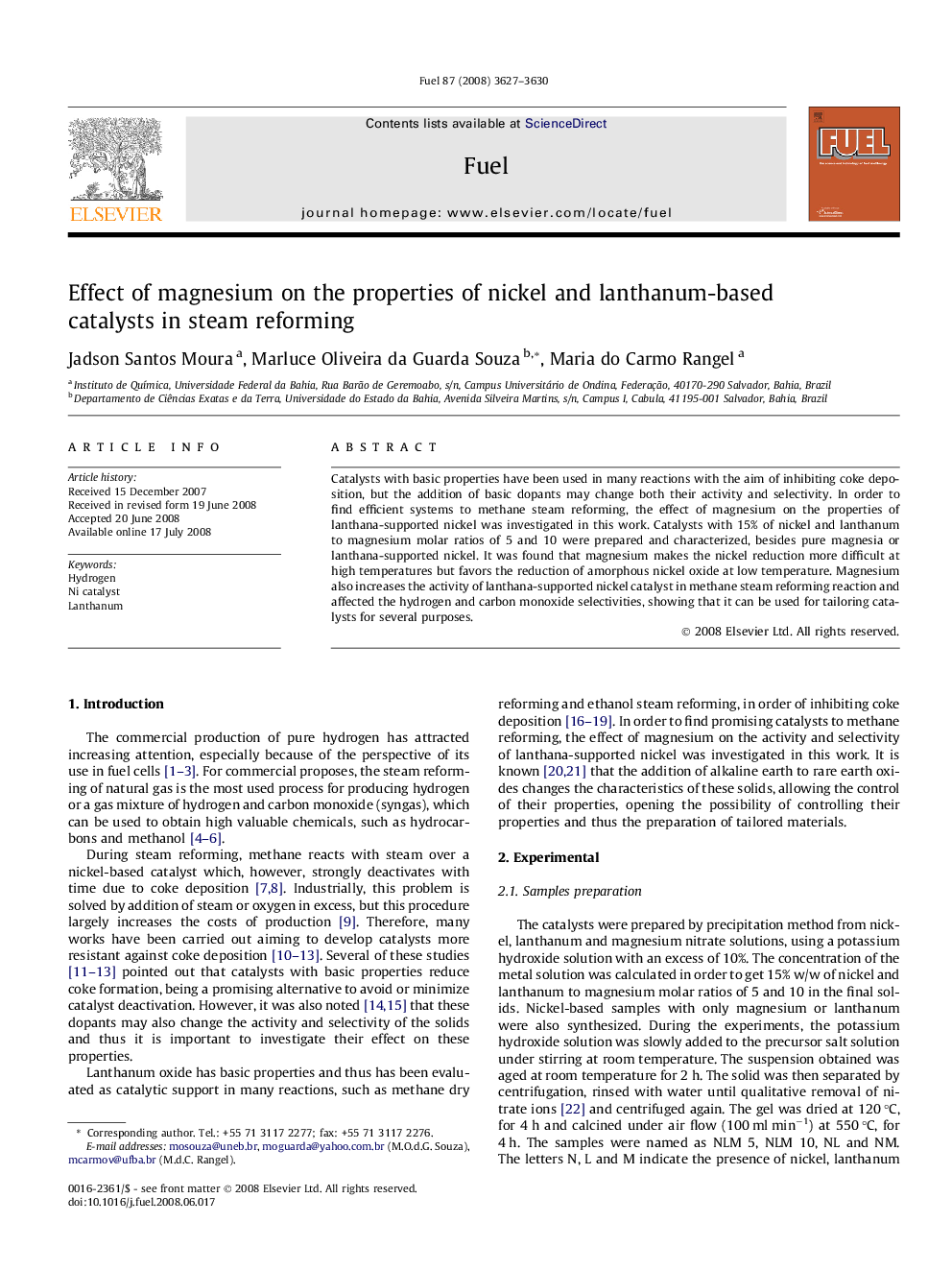 عکس صفحه اول مقاله: Effect of magnesium on the properties of nickel and lanthanum-based catalysts in steam reforming Effect of magnesium on the properties of nickel and lanthanum-based catalysts in steam reforming