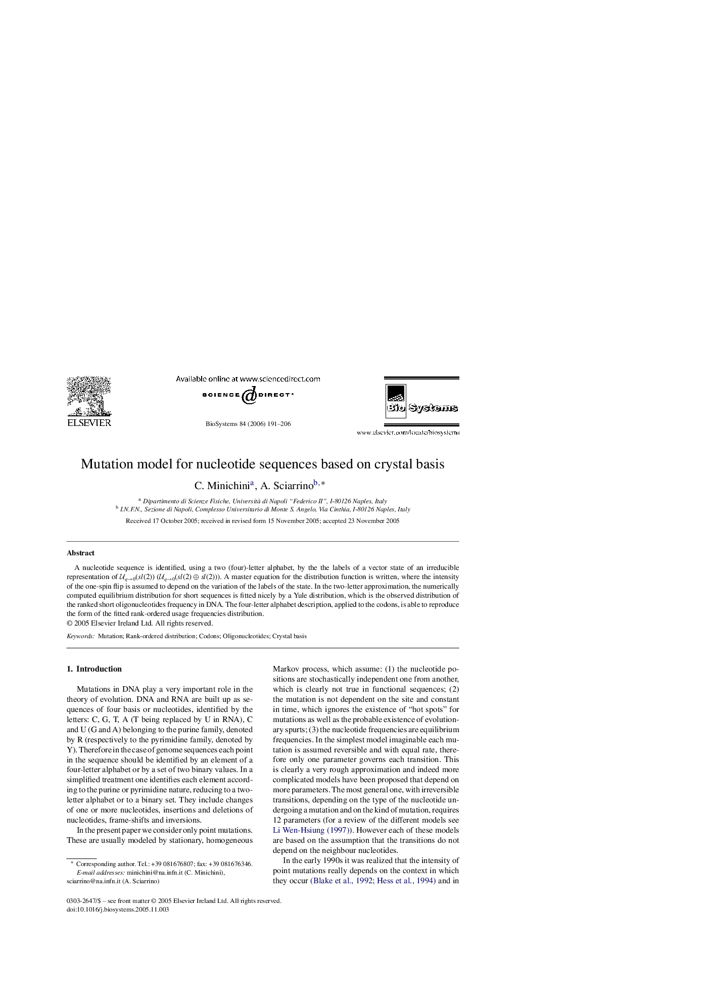 Mutation model for nucleotide sequences based on crystal basis