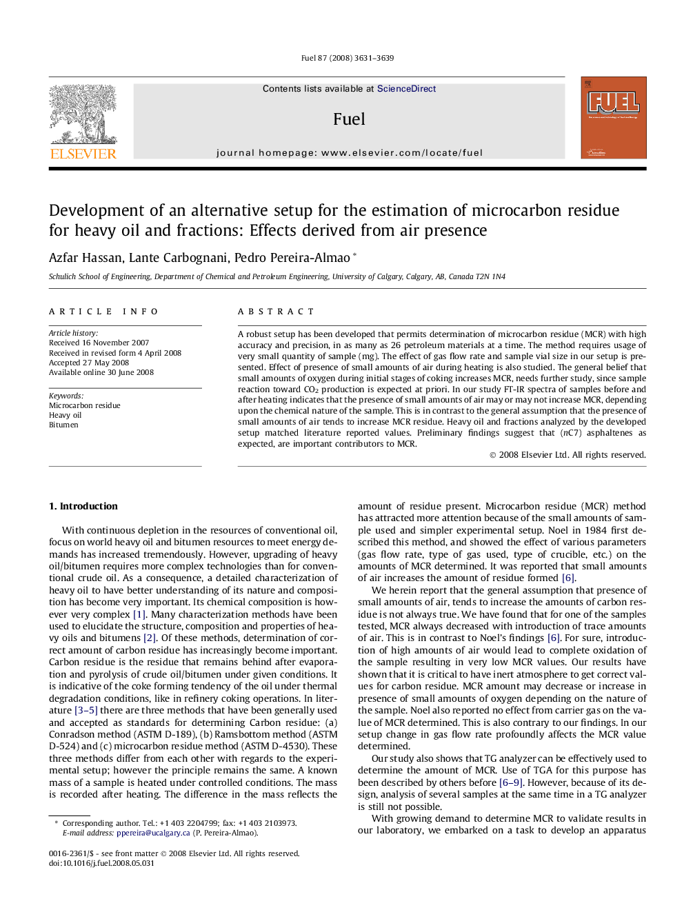 Development of an alternative setup for the estimation of microcarbon residue for heavy oil and fractions: Effects derived from air presence