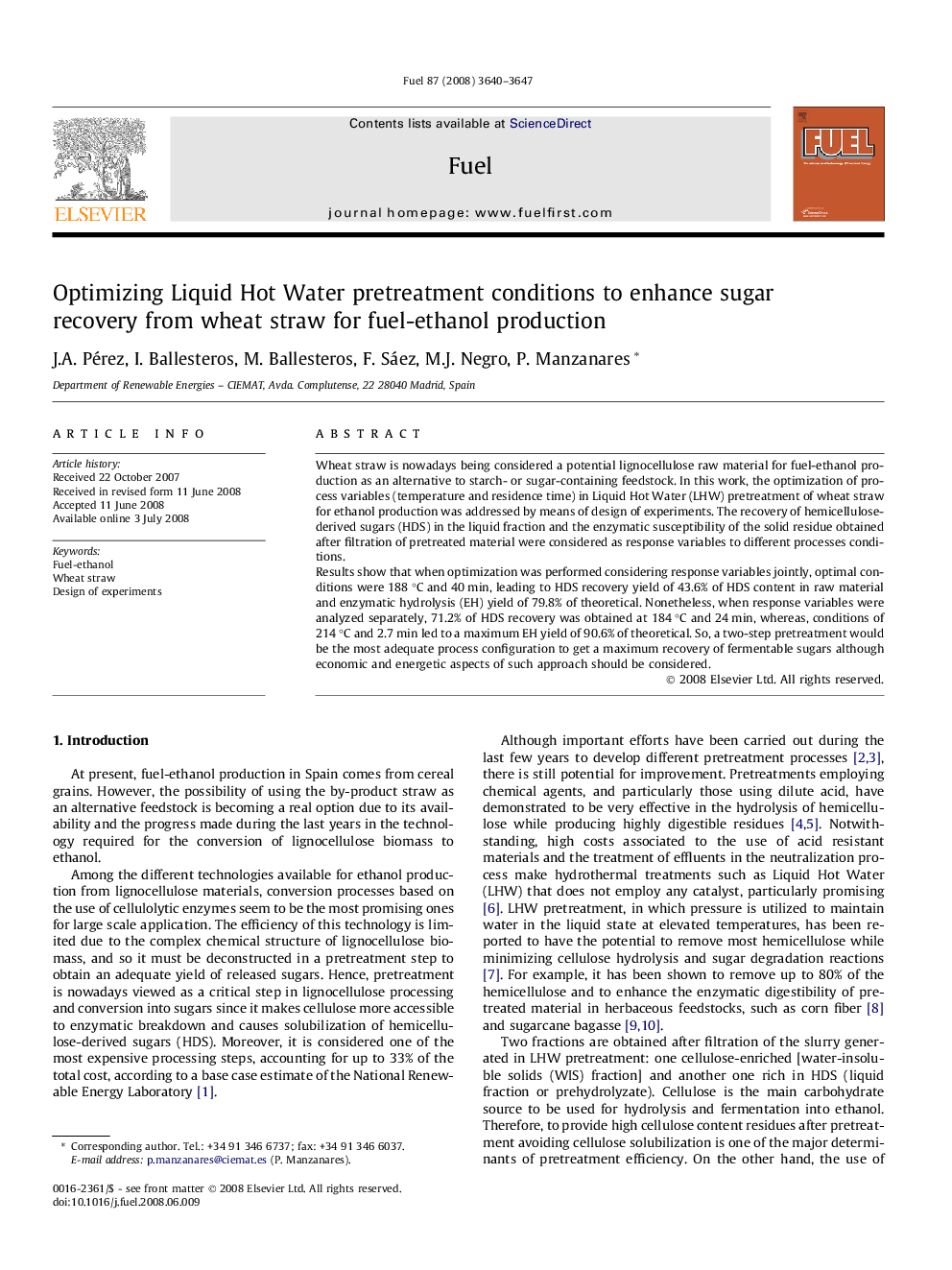 Optimizing Liquid Hot Water pretreatment conditions to enhance sugar recovery from wheat straw for fuel-ethanol production