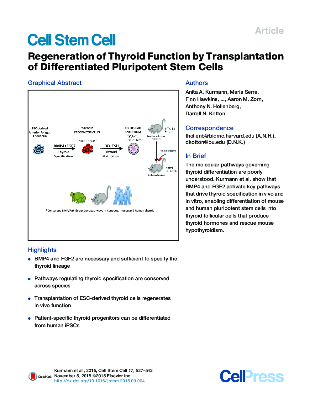 Regeneration of Thyroid Function by Transplantation of Differentiated Pluripotent Stem Cells