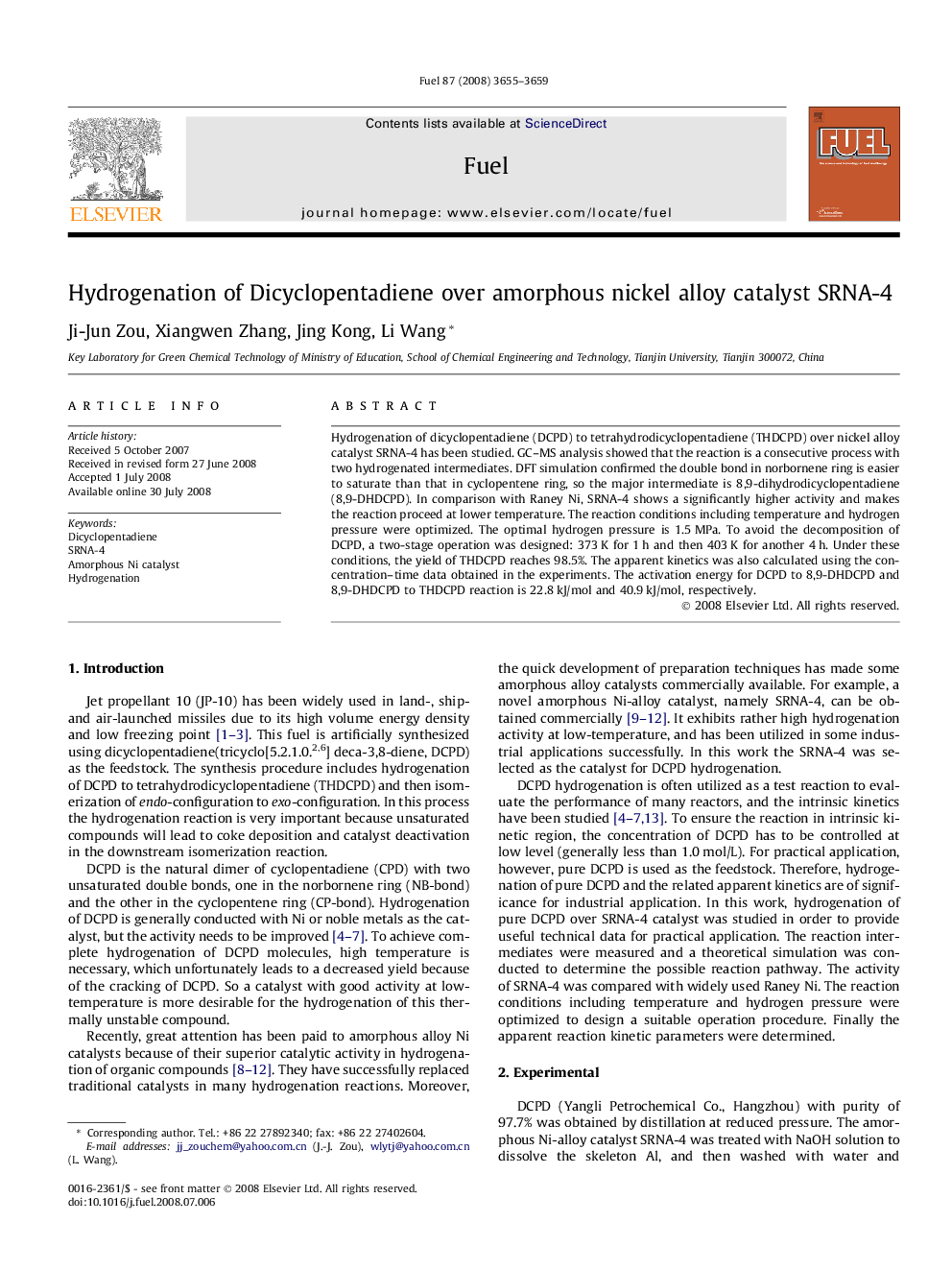 Hydrogenation of Dicyclopentadiene over amorphous nickel alloy catalyst SRNA-4