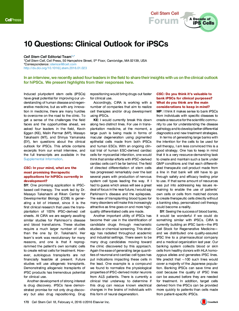 10 Questions: Clinical Outlook for iPSCs
