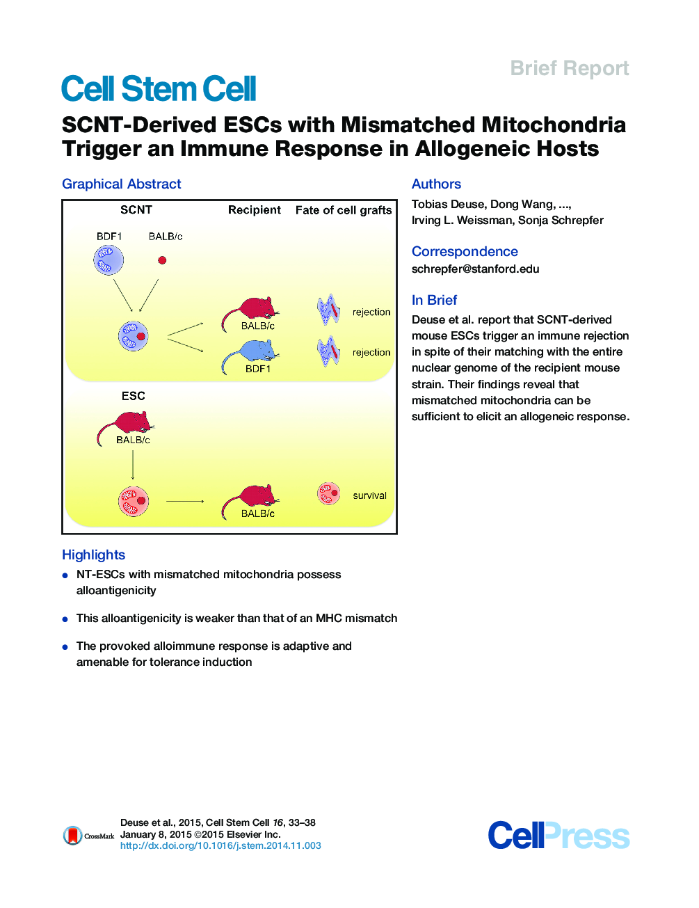 SCNT-Derived ESCs with Mismatched Mitochondria Trigger an Immune Response in Allogeneic Hosts