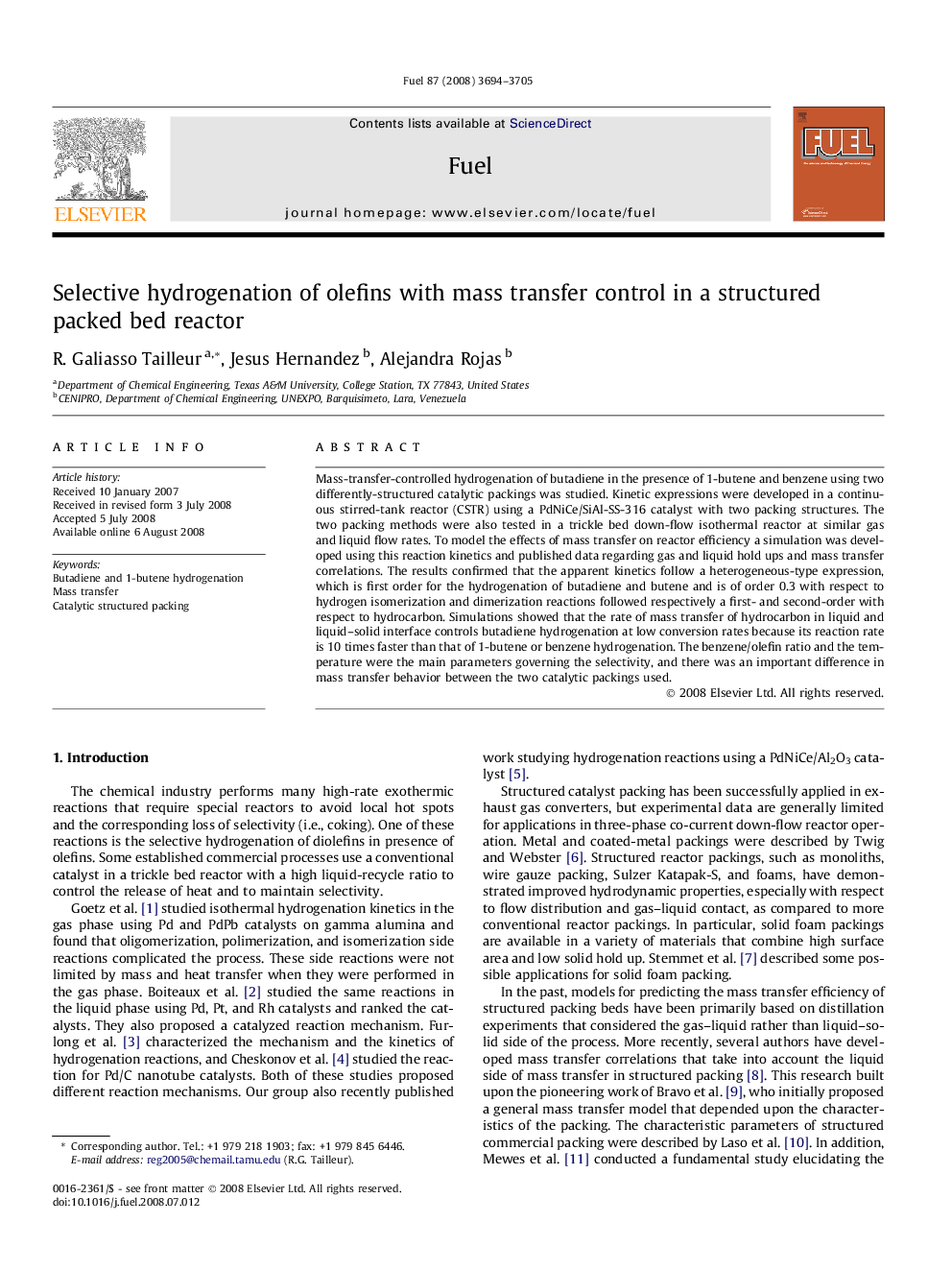 Selective hydrogenation of olefins with mass transfer control in a structured packed bed reactor