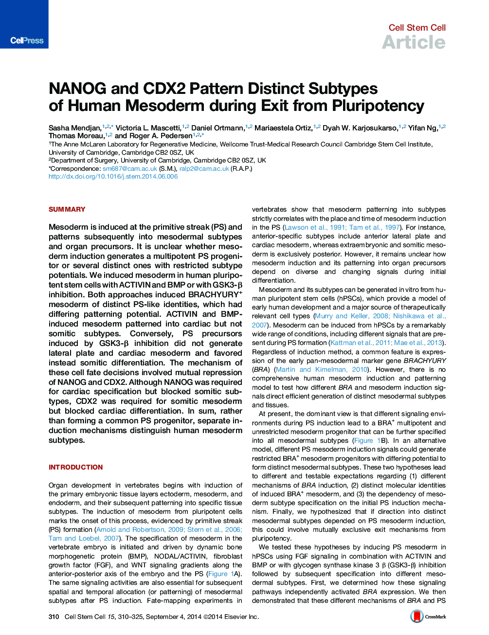 NANOG and CDX2 Pattern Distinct Subtypes of Human Mesoderm during Exit from Pluripotency