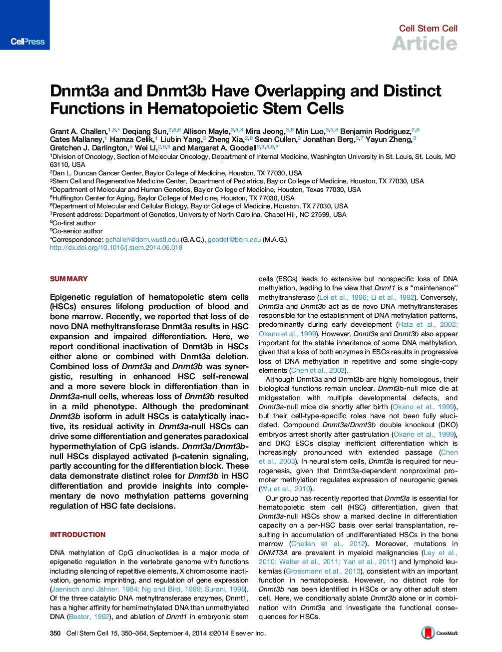 Dnmt3a and Dnmt3b Have Overlapping and Distinct Functions in Hematopoietic Stem Cells