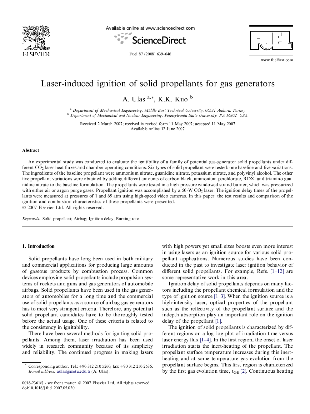 Laser-induced ignition of solid propellants for gas generators