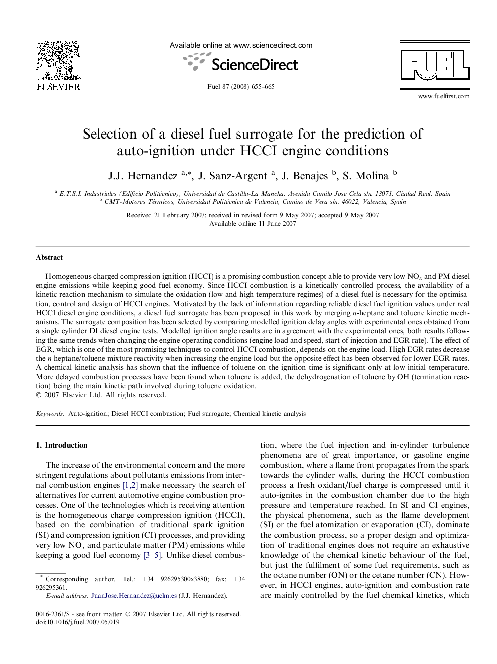 Selection of a diesel fuel surrogate for the prediction of auto-ignition under HCCI engine conditions