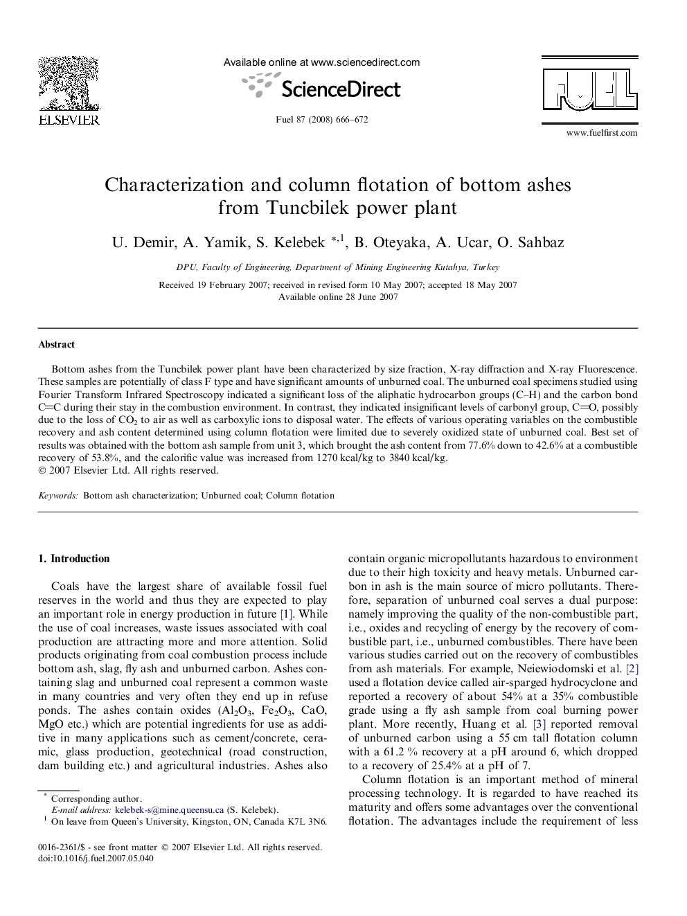 Characterization and column flotation of bottom ashes from Tuncbilek power plant