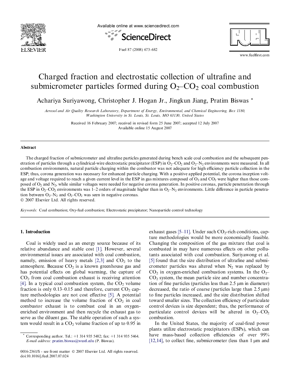 Charged fraction and electrostatic collection of ultrafine and submicrometer particles formed during O2–CO2 coal combustion