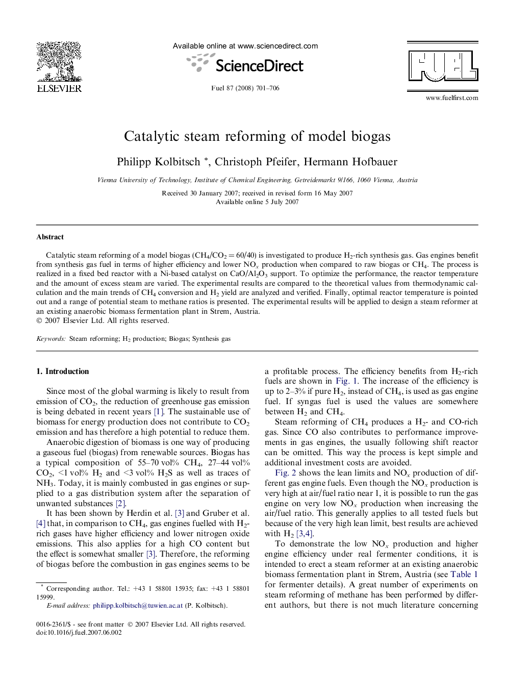 Catalytic steam reforming of model biogas