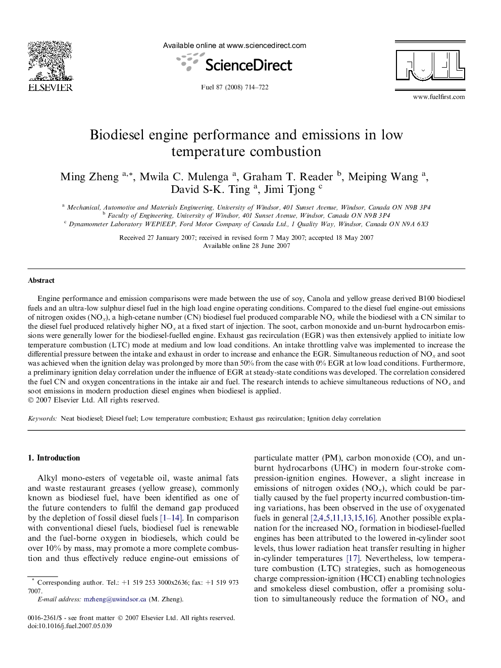 Biodiesel engine performance and emissions in low temperature combustion