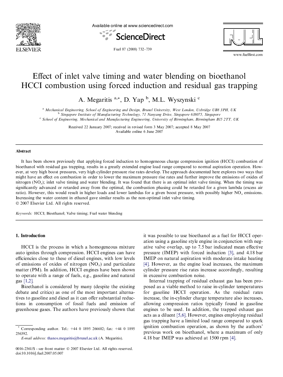 Effect of inlet valve timing and water blending on bioethanol HCCI combustion using forced induction and residual gas trapping