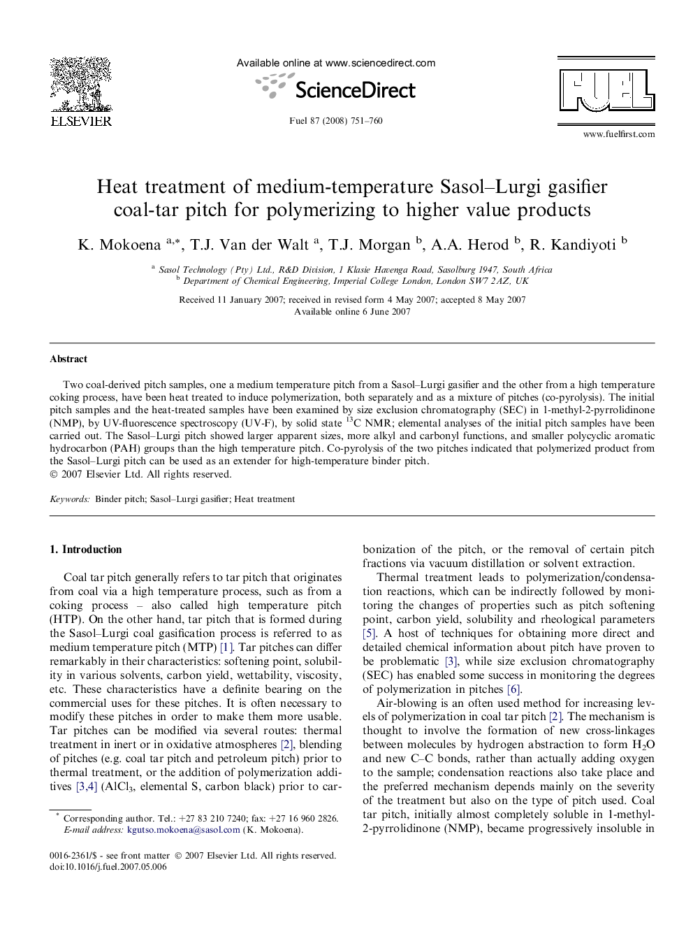 Heat treatment of medium-temperature Sasol–Lurgi gasifier coal-tar pitch for polymerizing to higher value products