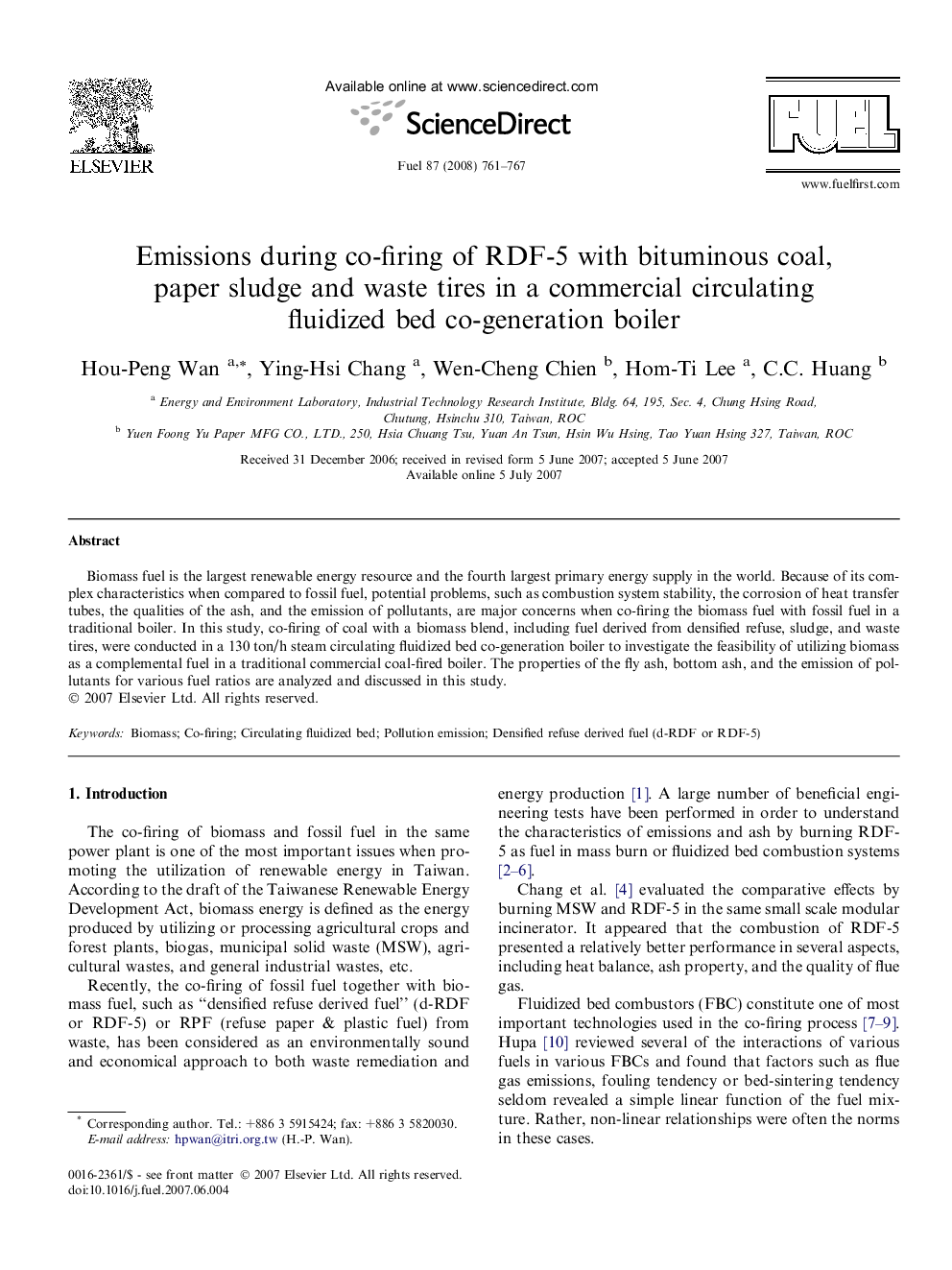 Emissions during co-firing of RDF-5 with bituminous coal, paper sludge and waste tires in a commercial circulating fluidized bed co-generation boiler