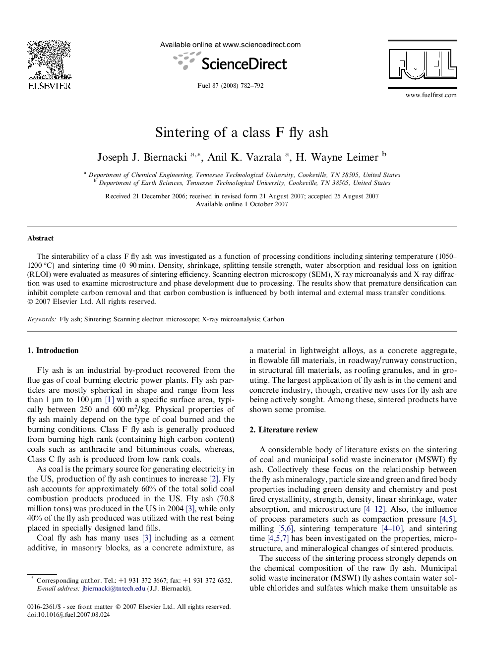 Sintering of a class F fly ash