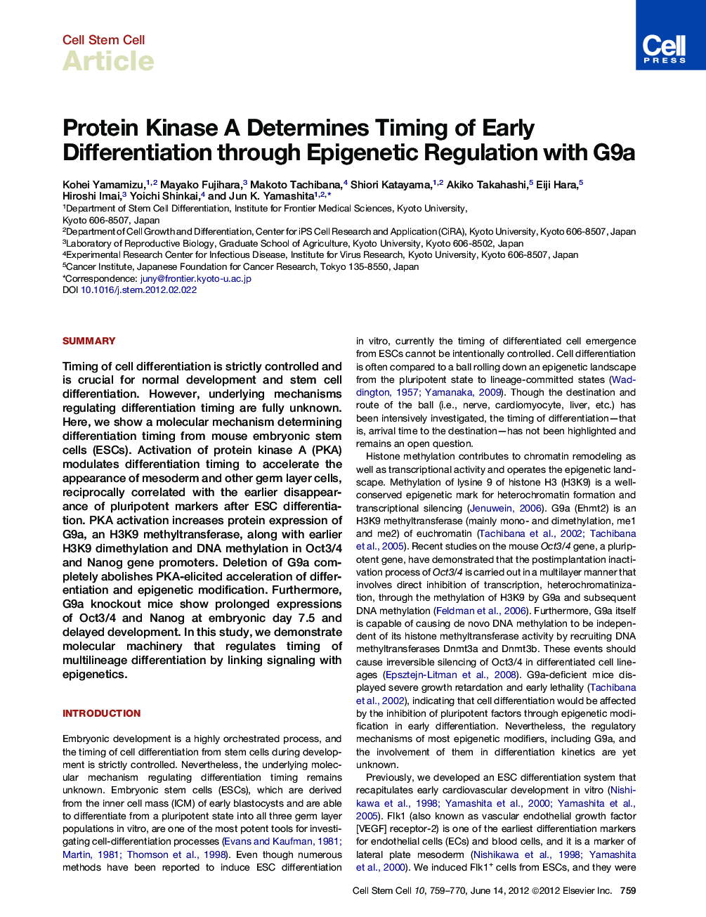 Protein Kinase A Determines Timing of Early Differentiation through Epigenetic Regulation with G9a