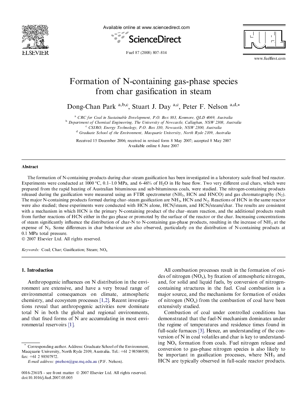 Formation of N-containing gas-phase species from char gasification in steam