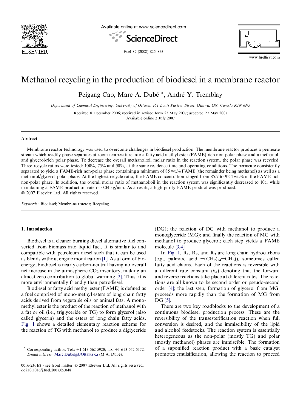 Methanol recycling in the production of biodiesel in a membrane reactor