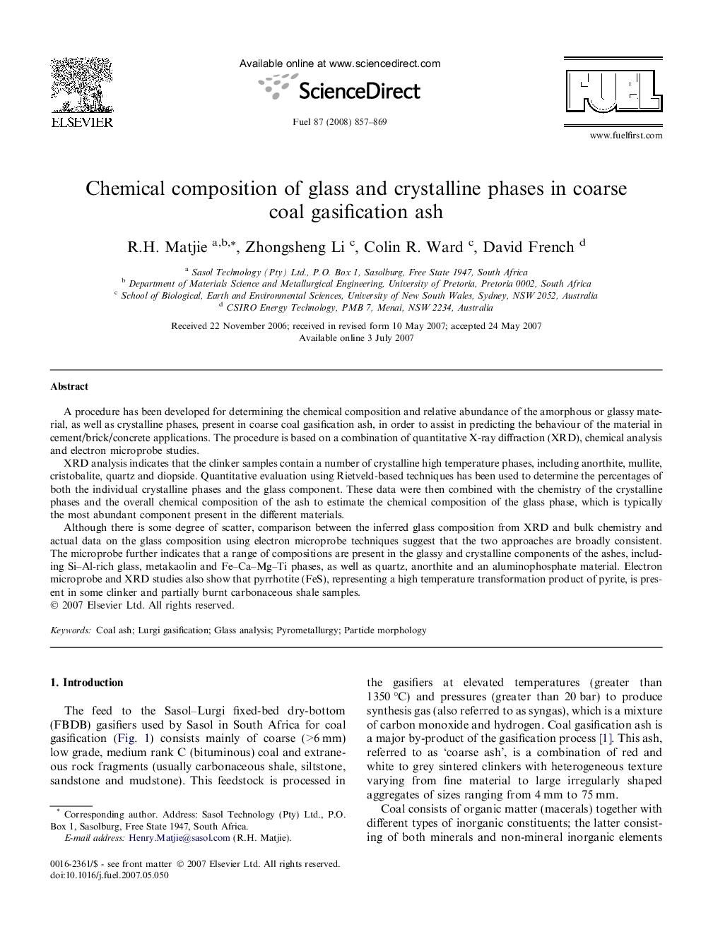 Chemical composition of glass and crystalline phases in coarse coal gasification ash