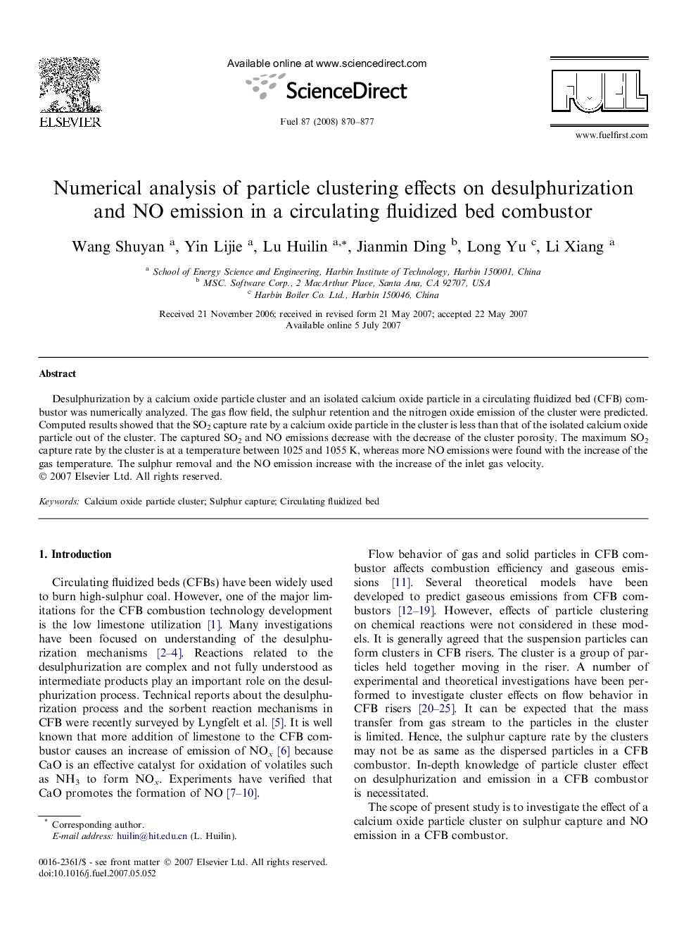 Numerical analysis of particle clustering effects on desulphurization and NO emission in a circulating fluidized bed combustor