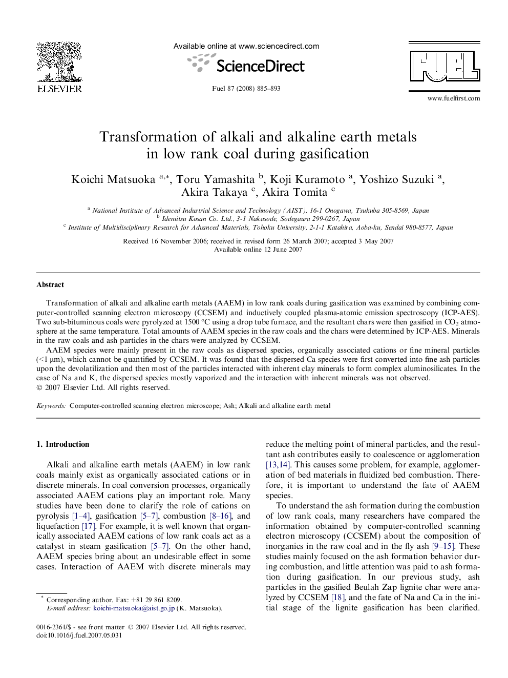 Transformation of alkali and alkaline earth metals in low rank coal during gasification