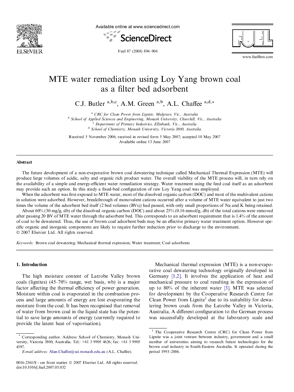 MTE water remediation using Loy Yang brown coal as a filter bed adsorbent