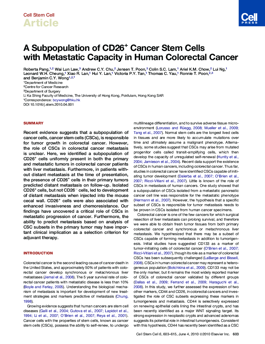 A Subpopulation of CD26+ Cancer Stem Cells with Metastatic Capacity in Human Colorectal Cancer